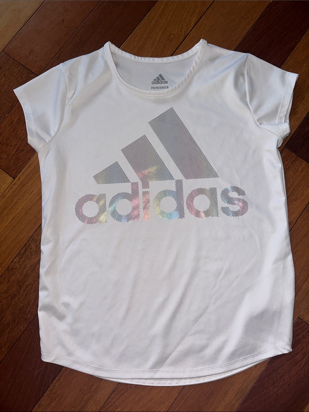 Adidas kids white tee with Iridescent Logo
